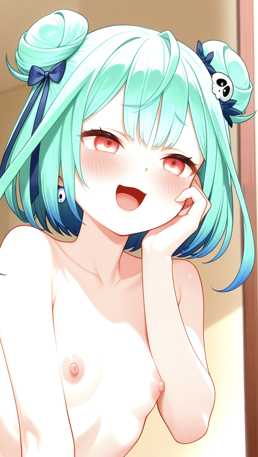 1girl ai_generated blush bow breasts double_bun female_only hair_accessory hair_bow hair_ornament hand_on_cheek hand_on_own_cheek hololive hololive_japan indoors mint_green_hair naked_female nipples nude nude nude_female red_eyes small_breasts smile solo_female twin_buns uruha_rushia virtual_youtuber vtuber