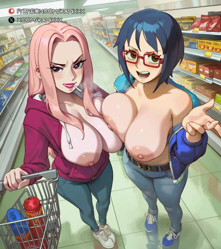 2_girls ai_generated areola bare_thighs blue_hair breasts_out breasts_squeezed_together brown_eyes cigarette exposed_breasts gigantic_breasts glasses grin hina_(one_piece) huge_areolae huge_breasts huge_nipples huge_thighs kamixxx light-skinned_female light_skin long_hair looking_at_viewer massive_breasts nipples one_piece pink_hair puffy_nipples purple_eyes short_hair squatting sweat sweatdrop tashigi thick_body thick_female thick_thighs thighs voluptuous voluptuous_female
