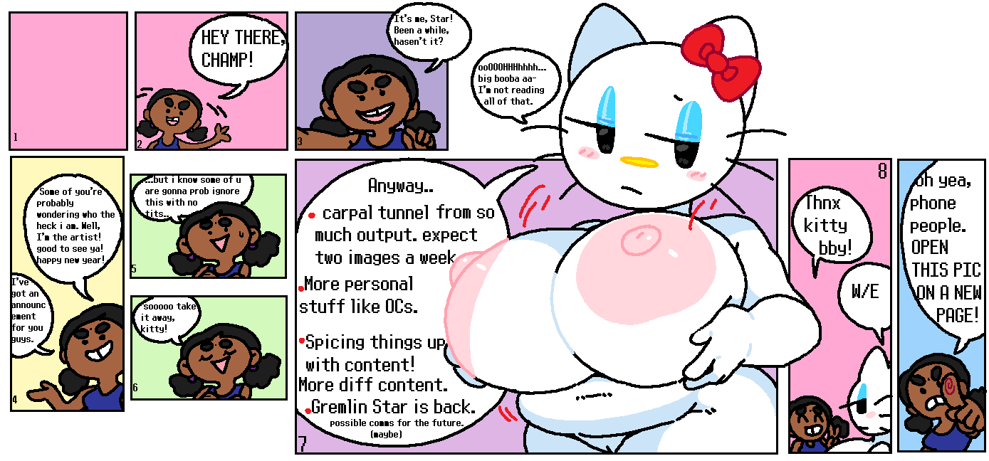 2girls anthro areola big_breasts black_eyes black_hair blush blush_stickers bow breasts cassettedream cat_girl closed_mouth comic completely_nude dark-skinned_female dark_skin dream-cassette english_language english_text felid feline felis female_only furry hair_bow half-closed_eyes hello_kitty hello_kitty_(character) hello_kitty_(series) holding_breasts hoshime huge_breasts human index_finger_raised kitty_white large_areolae multiple_girls nipples nude nude_female open_mouth raised_eyebrow red_bow sanrio smile solo_female speech thick_eyebrows twin_tails whiskers white_fur