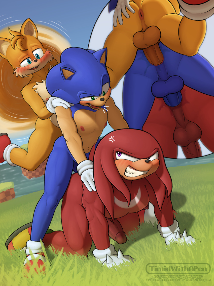 3boys all_fours anal anal_sex angry anthro anus ass balls big_balls big_penis blush bodily_fluids canid canine clenched_teeth clothing cross-popping_vein digital_media_(artwork) doggy_position dreadlocks echidna erection eulipotyphlan flying footwear fox from_behind_position fur gay_male genitals gloves grab_the_butt grass group group_sex hand_on hands_on_shoulders handwear hedgehog high_res humanoid_genitalia humanoid_penis interspecies knuckles_the_echidna male male/male male_penetrated male_penetrating male_penetrating_male mammal miles_"tails"_prower monotreme muscular muscular_male nipples nude open_mouth outside penetration penile penile_penetration penis plant sea sega sega sex shoes skinny sky smile socks sonic_the_hedgehog sonic_the_hedgehog_(series) tail tails tails_the_fox teeth timidwithapen tongue train_position trio water yaoi yaoi