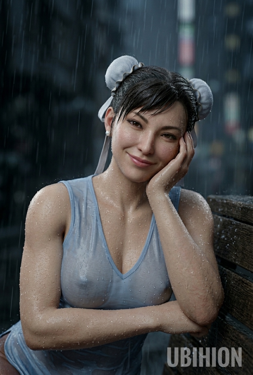 chun-li chun-li_(street_fighter_6) mature_female milf mommy nipples nipples_visible_through_clothing rain street_fighter street_fighter_6