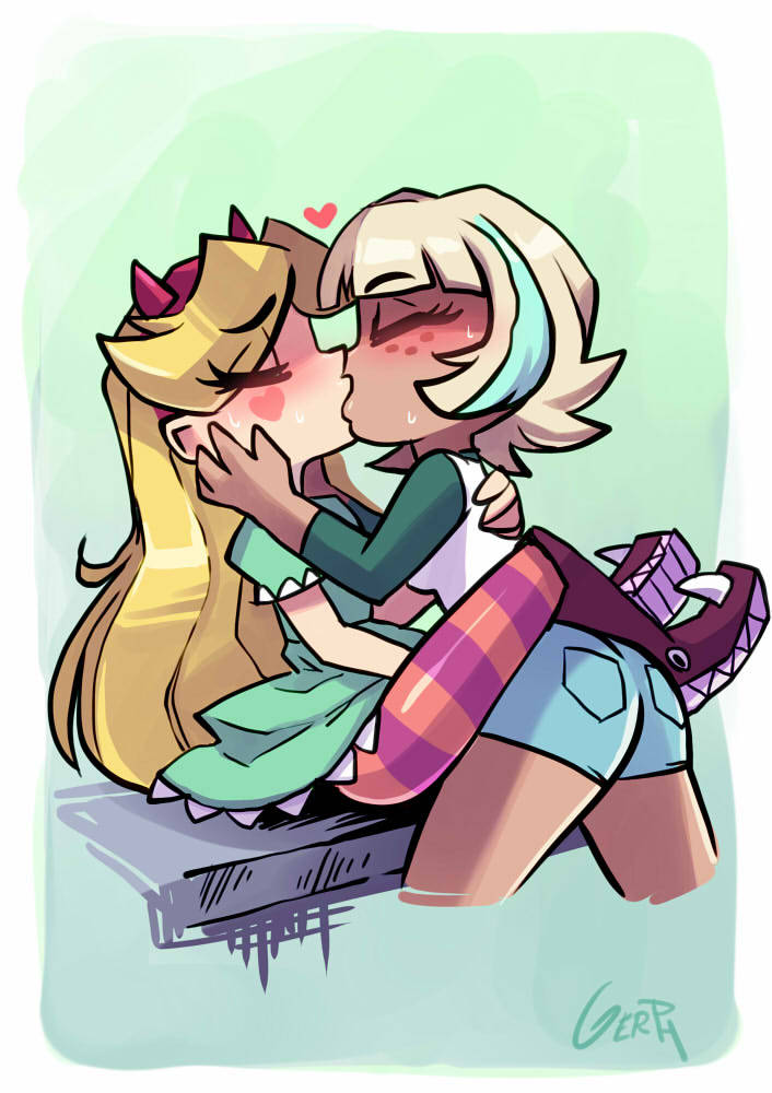 1girl 2_girls chocolate_and_vanilla disney disney_channel disney_xd female_only fully_clothed gerph interracial_yuri jackie_lynn_thomas kissing leg_lock light-skinned_female light_skin pale-skinned_female pale_skin star_butterfly star_vs_the_forces_of_evil straight_hair tan-skinned_female white_female yuri