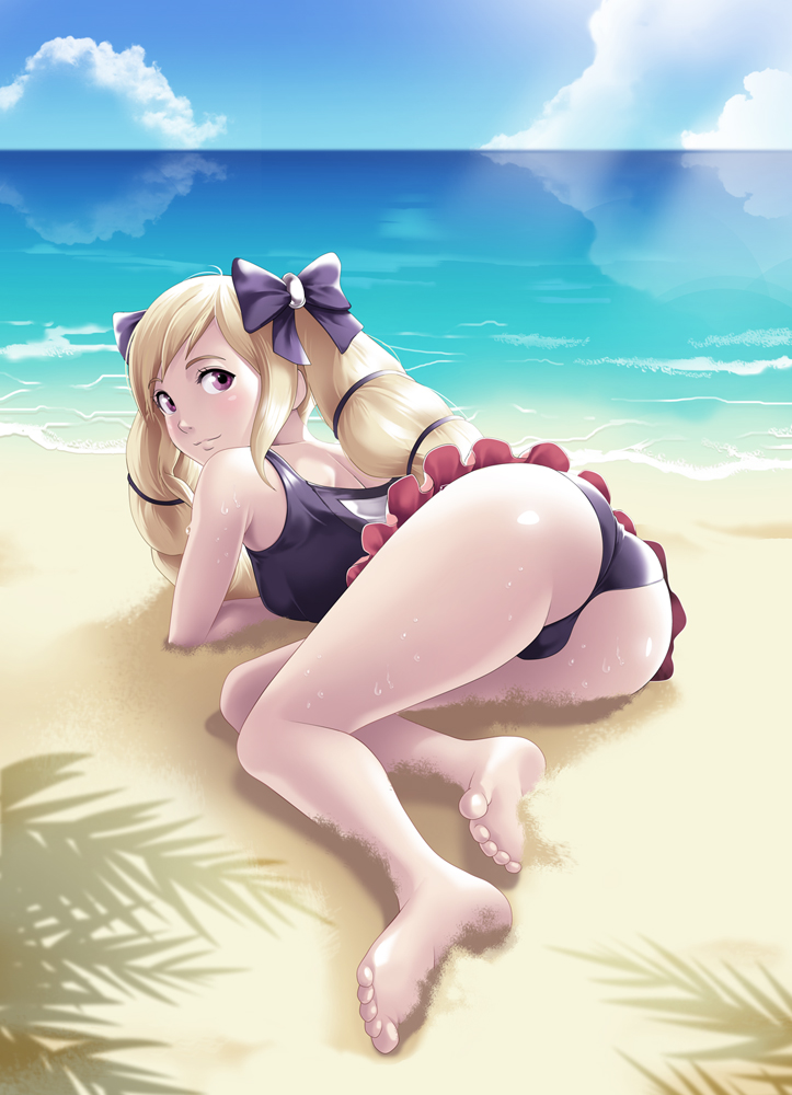1girl 1girl alluring ass barefoot beach blonde_hair blue_sky blush bow cloud day drill_hair elise_(fire_emblem) elise_(tropical_flower)_(fire_emblem) feet female_focus fire_emblem fire_emblem_fates fire_emblem_warriors frilled_swimsuit frills from_behind hair_bow hair_ribbon intelligent_systems long_hair looking_at_viewer looking_back lying nintendo ocean one-piece_swimsuit outside purple_eyes pussy ribbon sand sky small_breasts smile swimsuit thor_(deep_rising) tree_shade twin_drills twin_tails very_long_hair water wet