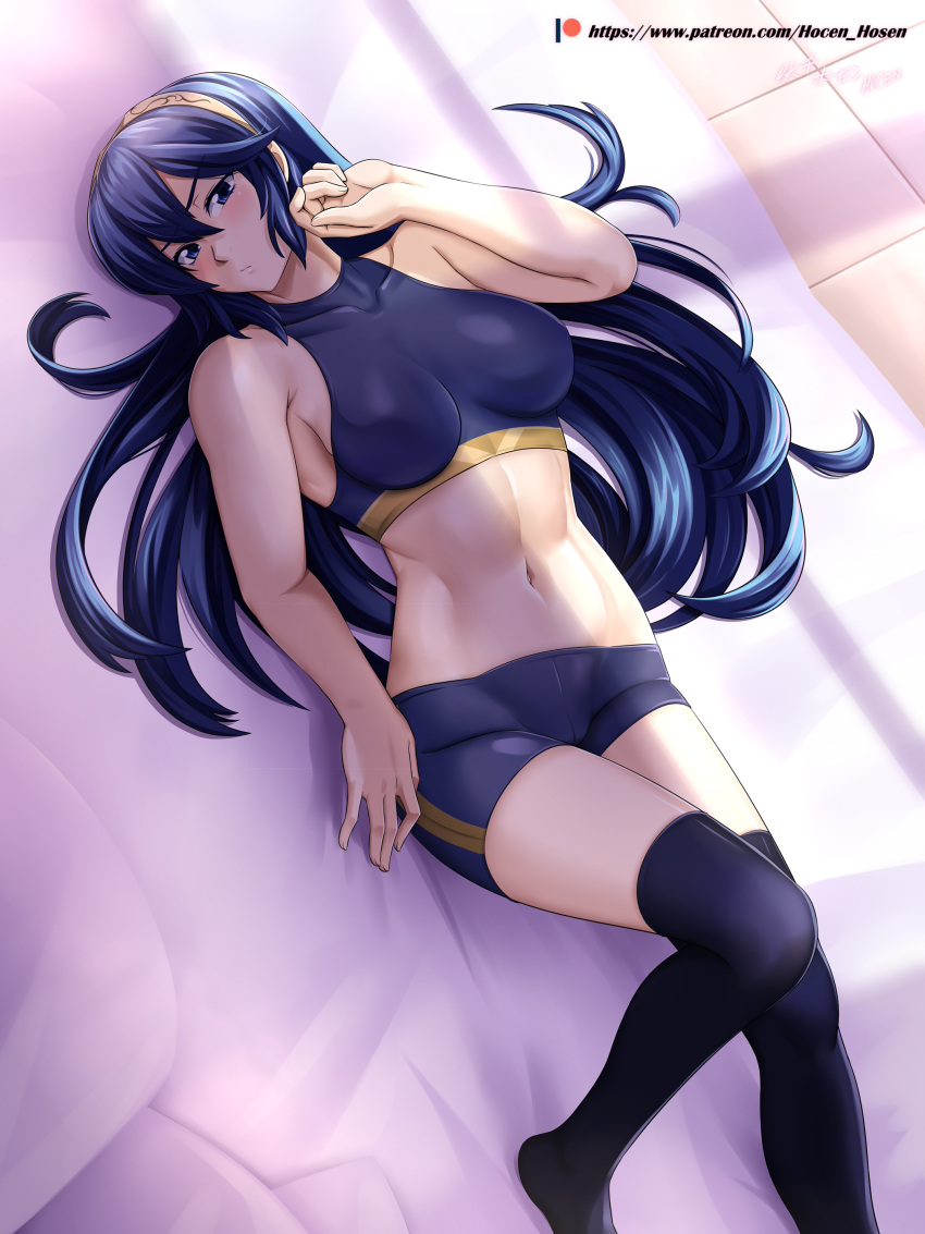 1girl 1girl alluring athletic_female big_breasts female_abs female_only female_pubic_hair fire_emblem fire_emblem_awakening fire_emblem_warriors fit_female gym_clothes hocen hocen_hosen_(artist) intelligent_systems legs lucina lucina_(fire_emblem) shorts solo_female sports_bra stockings vilde_loh_hocen