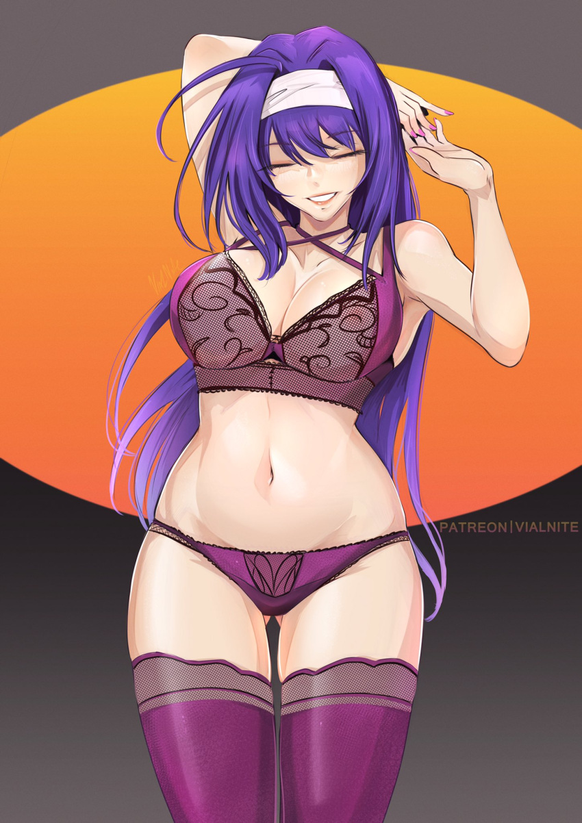 1girl alluring arms_up big_breasts bra cleavage closed_eyes commentary cowboy_shot criss-cross_halter fire_emblem fire_emblem:_path_of_radiance fire_emblem:_radiant_dawn gluteal_fold grin groin hair_intakes hairband halterneck high_res intelligent_systems long_hair mia_(fire_emblem) nail_polish navel nintendo panties pink_lips pink_nails purple_bra purple_hair purple_panties purple_thighhighs smile standing stockings stomach thighs underwear underwear_only very_long_hair vialnite white_hairband