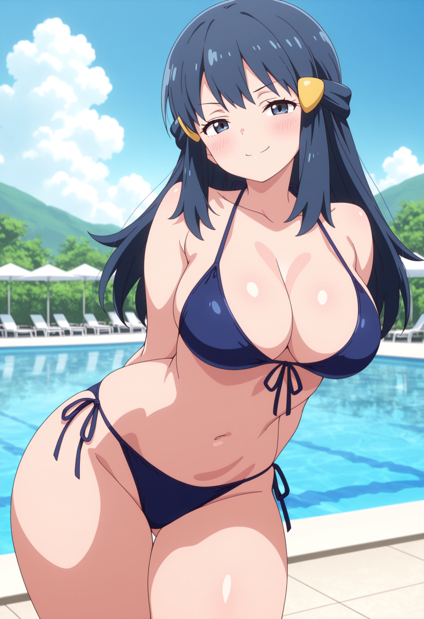 1girl ai_generated arms_behind_back big_breasts bikini blue_bikini blue_eyes blue_hair blush breasts cleavage dawn_(pokemon) female_only hair_accessory hair_ornament long_hair nintendo outdoor_pool outside pokemon pool poolside smile solo_female vegaforge