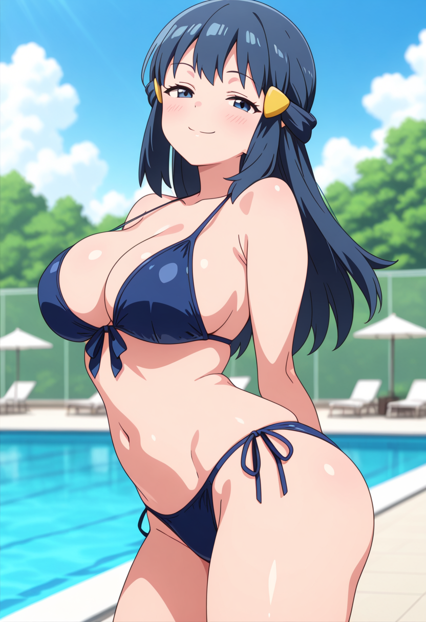 1girl ai_generated arms_behind_back big_breasts bikini blue_bikini blue_eyes blue_hair blush breasts cleavage dawn_(pokemon) female_only hair_accessory hair_ornament long_hair nintendo outdoor_pool outside pokemon pool poolside smile solo_female vegaforge