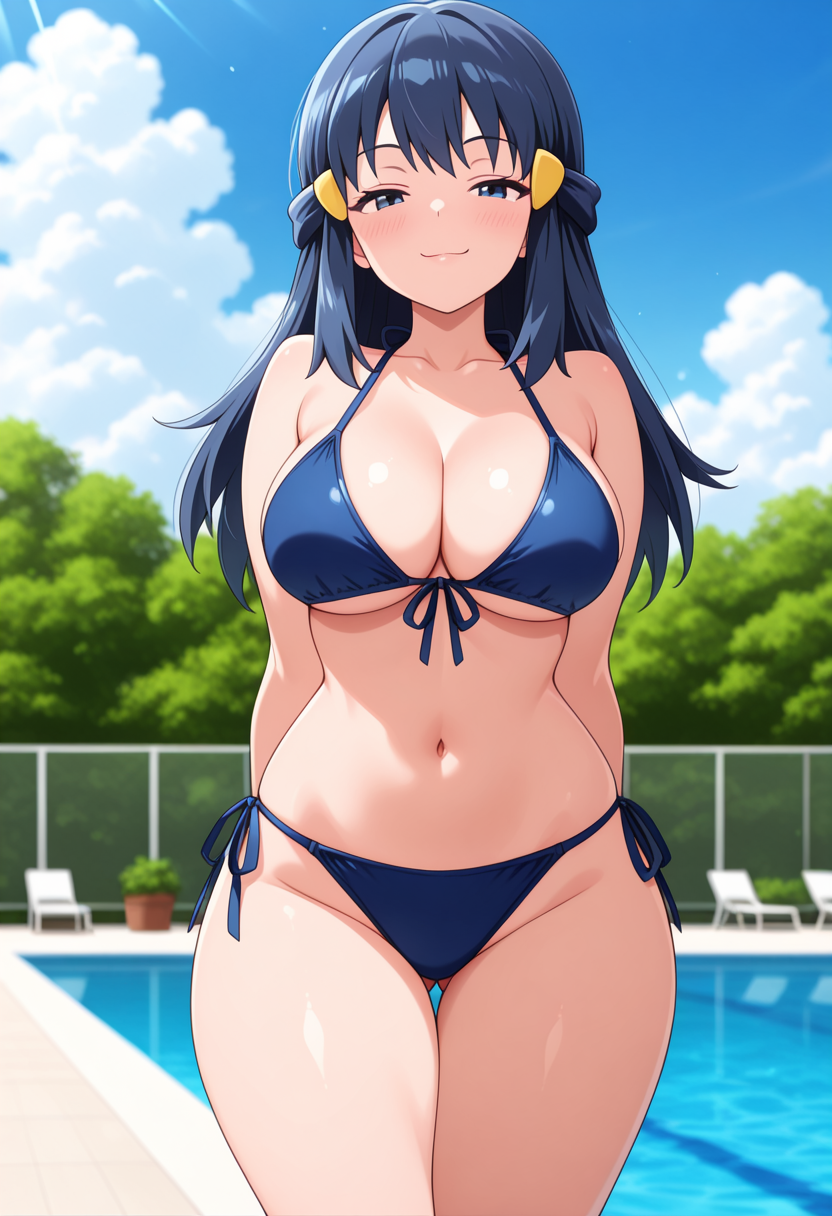 1girl ai_generated arms_behind_back big_breasts bikini blue_bikini blue_eyes blue_hair blush breasts cleavage dawn_(pokemon) female_only hair_accessory hair_ornament long_hair nintendo outdoor_pool outside pokemon pool poolside smile solo_female vegaforge