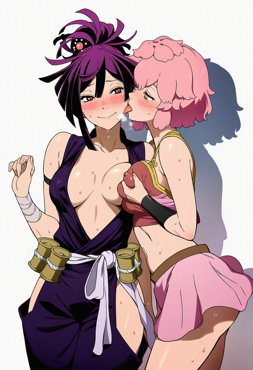 2_girls bare_shoulders big_breasts blush breasts closed_mouth collarbone couple duo emiaitelier emiaitelier_(artist) eye_contact female/female female_only half-closed_eyes hand_up high_ponytail japanese_clothes jigokuraku kunoichi licking looking_at_another love medium_breasts midriff multiple_girls mutual_yuri neck ninja ninja_girl pink_hair plant_girl ponytail purple_hair red_eyes revealing_clothes romantic romantic_couple shadow short_hair simple_background sweat sweating tao_fa_(jigokuraku) tied_hair tongue tongue_out white_background yellow_eyes yuri yuzuriha_(jigokuraku)