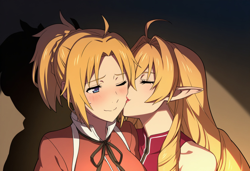 2_girls ahoge bangs bare_shoulders big_breasts blonde_female blonde_hair blue_eyes blush breasts cheek_kiss closed_eyes closed_mouth couple drill_hair drill_sidelocks duo elf elinalise_dragonroad emiaitelier emiaitelier_(artist) eyebrows_visible_through_hair female/female female_only hair_between_eyes hair_intakes half-closed_eyes kissing kissing_cheek lips lipstick long_hair looking_at_another love makeup multiple_girls mushoku_tensei mushoku_tensei:_isekai_ittara_honki_dasu mutual_yuri neck one_eye_closed orange_hair parted_bangs pointy_ears ponytail red_lipstick romantic romantic_couple short_hair sidelocks sleeveless smile tied_hair upper_body very_long_hair wince wink yuri zenith_greyrat