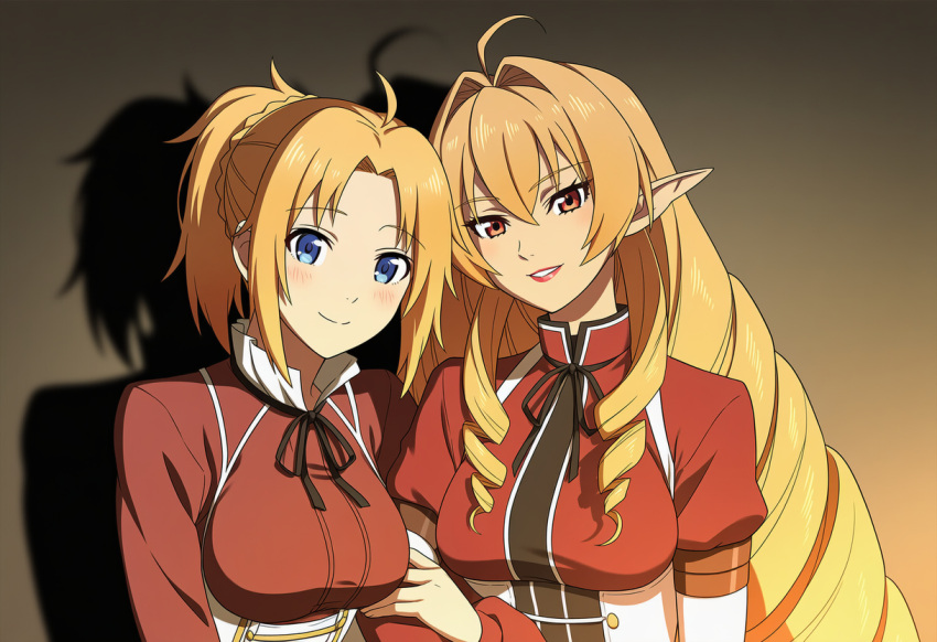 2_girls ahoge bangs big_breasts blonde_female blonde_hair blue_eyes blush breasts closed_mouth couple drill_hair drill_sidelocks duo elf elinalise_dragonroad emiaitelier emiaitelier_(artist) eyebrows_visible_through_hair female/female female_only grin hair_between_eyes hair_intakes head_tilt lips lipstick long_hair looking_at_viewer love makeup multiple_girls mushoku_tensei mushoku_tensei:_isekai_ittara_honki_dasu mutual_yuri neck orange_hair parted_bangs parted_lips pointy_ears ponytail red_eyes red_lipstick romantic romantic_couple short_hair sidelocks smile tied_hair upper_body very_long_hair yuri zenith_greyrat