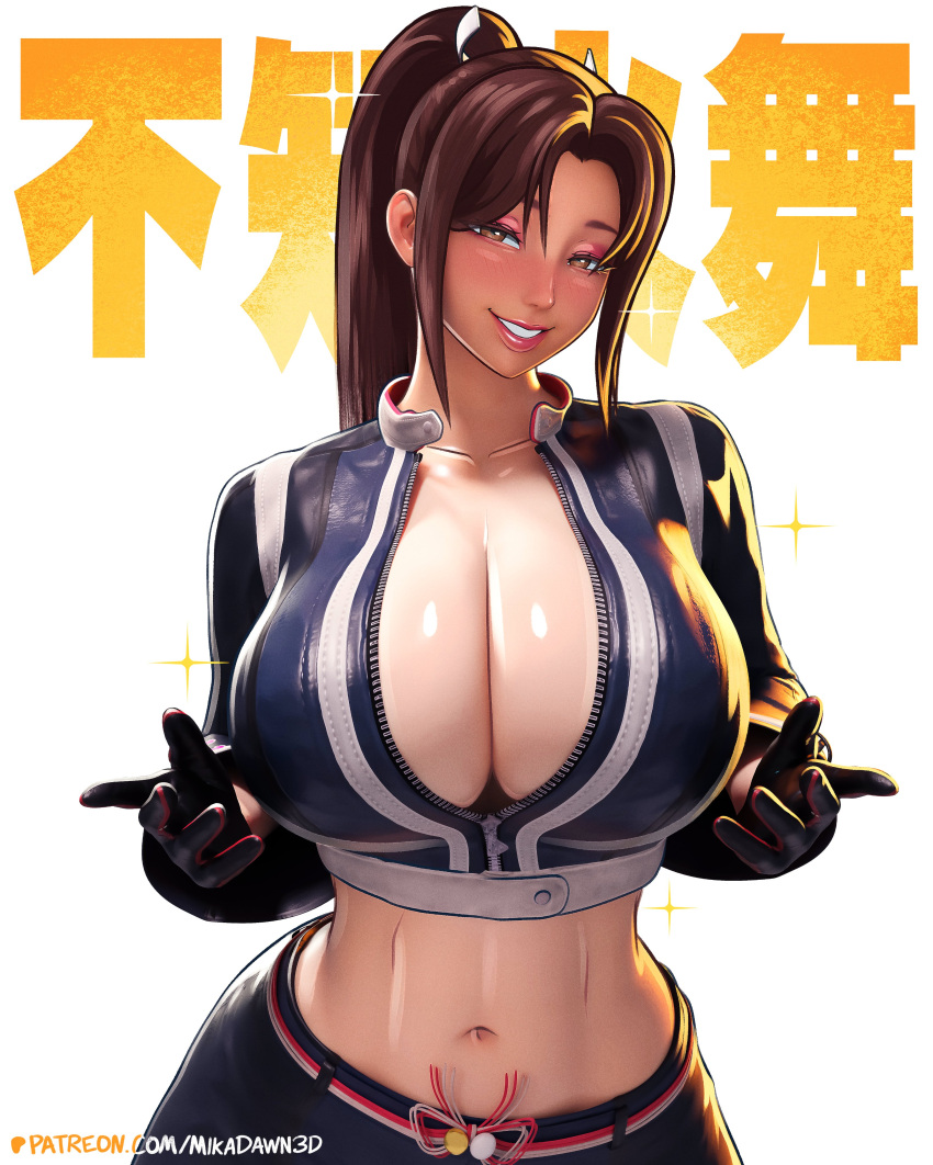 1girl big_breasts brown_eyes brown_hair bubble_butt cleavage dead_or_alive fatal_fury horny inviting_to_sex king_of_fighters looking_at_viewer mai_shiranui mikadawn pose shiranui_mai standing teasing thick_thighs