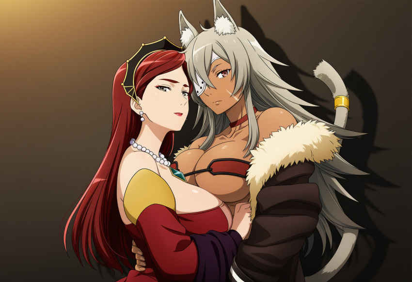 2_girls animal_ears bangs bare_shoulders big_breasts black_jacket blush breast_press breasts brown_background cat_ears cat_girl cat_tail choker cleavage closed_smile collarbone couple dark-skinned_female dark_skin dress duo earrings emiaitelier emiaitelier_(artist) expressionless eyepatch female/female female_only fur-trimmed_jacket fur_trim ghislaine_dedoldia gradient gradient_background grey_eyes grey_hair hair_between_eyes height_difference hilda_boreas_greyrat huge_breasts hugging interracial interracial_couple interracial_yuri jacket jewelry lips lipstick long_hair long_sleeves looking_at_viewer love makeup multiple_girls mushoku_tensei mushoku_tensei:_isekai_ittara_honki_dasu mutual_yuri neck necklace off-shoulder_dress off_shoulder pearl pearl_necklace red_choker red_dress red_eyes red_hair red_lipstick romantic romantic_couple scar serious shadow sideboob sidelocks straight_hair strapless strapless_dress swept_bangs tail upper_body yuri
