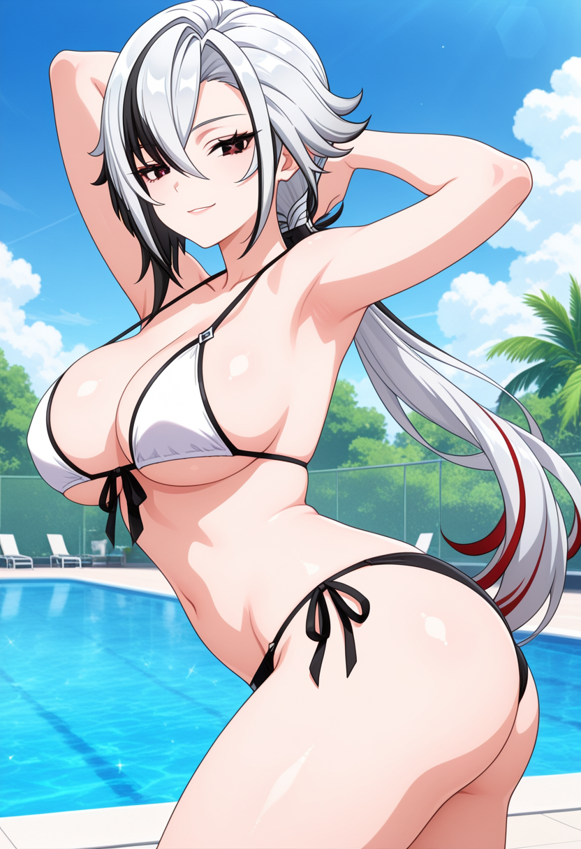 1girl ai_generated arlecchino_(genshin_impact) big_breasts bikini black_bikini_bottom black_eyes black_hair breasts cleavage female_only genshin_impact hands_behind_head long_hair low_ponytail multicolored_bikini multicolored_hair outdoor_pool outside pool poolside red_hair red_pupils seductive_eyes seductive_look seductive_smile smile solo_female vegaforge white_bikini_top white_hair x-shaped_pupils
