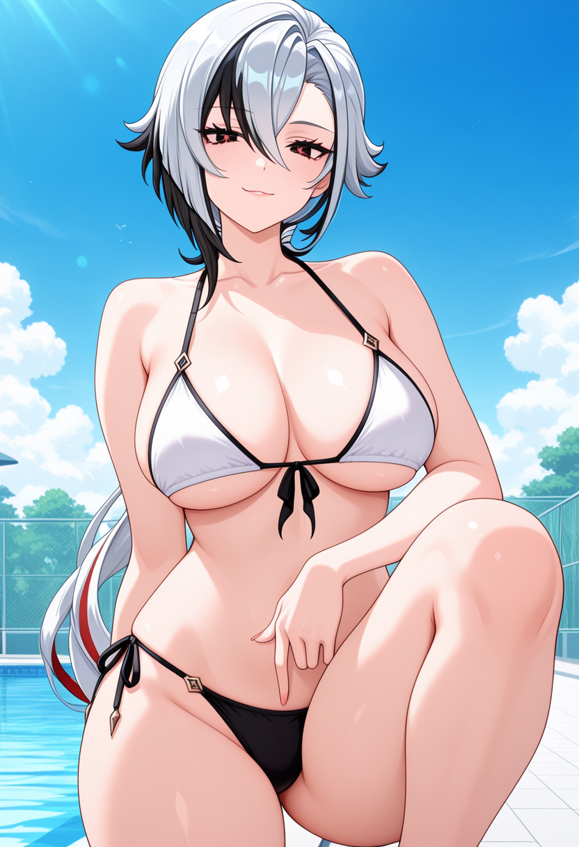 1girl ai_generated arlecchino_(genshin_impact) big_breasts bikini black_bikini_bottom black_eyes black_hair breasts cleavage female_only genshin_impact long_hair low_ponytail multicolored_bikini multicolored_hair on_one_knee outdoor_pool outside pool poolside red_hair red_pupils seductive_eyes seductive_look seductive_smile smile solo_female vegaforge white_bikini_top white_hair x-shaped_pupils
