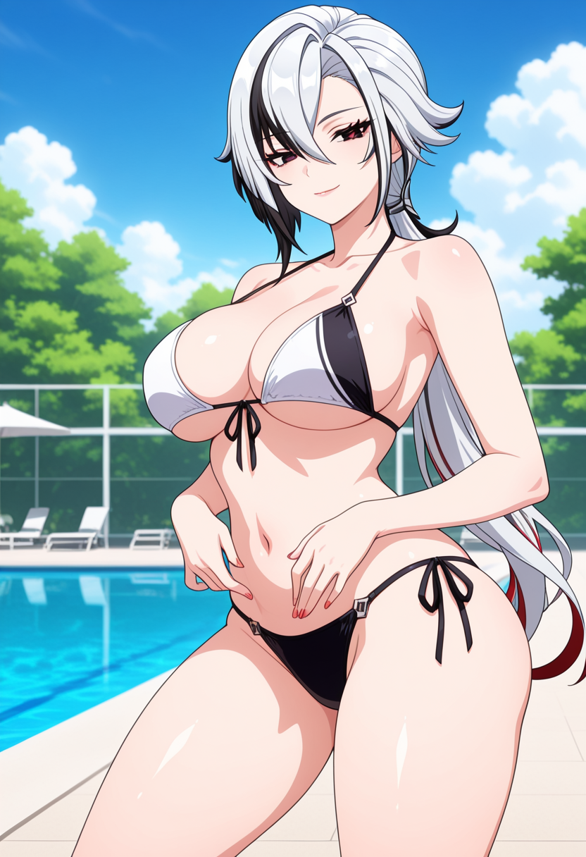 1girl ai_generated arlecchino_(genshin_impact) big_breasts bikini black_bikini_bottom black_bikini_top black_eyes black_hair breasts cleavage female_only genshin_impact long_hair low_ponytail multicolored_bikini multicolored_hair outdoor_pool outside pool poolside red_hair red_pupils seductive_eyes seductive_look seductive_smile smile solo_female vegaforge white_bikini_top white_hair x-shaped_pupils