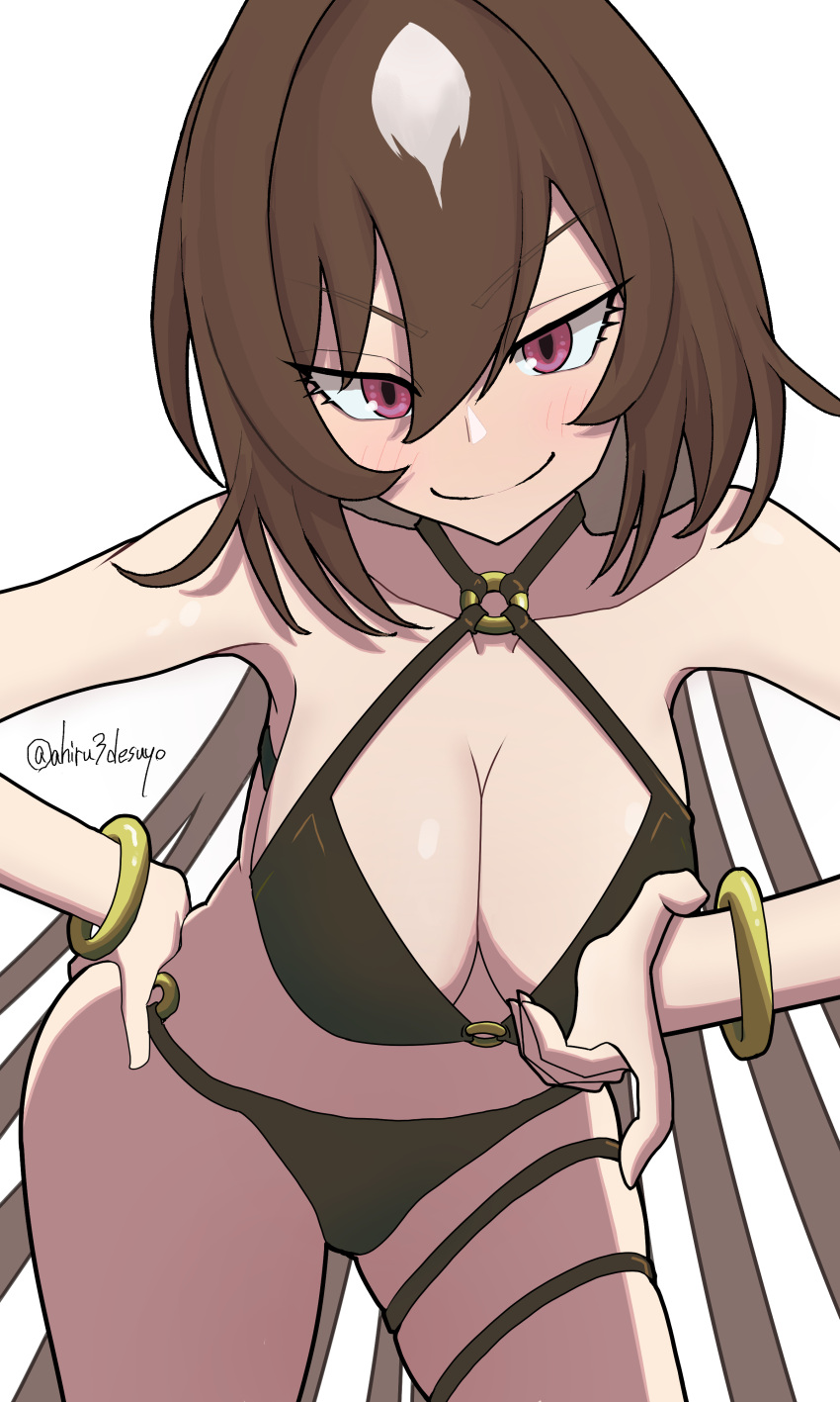 1girl 1girl absurd_res ahiru3desuyo alternate_costume animal_ears big_breasts bikini black_bikini bracelet breasts brown_hair cleavage closed_mouth commentary_request criss-cross_halter hair_between_eyes halterneck hand_on_own_hip high_res horse_ears horse_girl horse_tail jewelry long_hair multicolored_hair o-ring o-ring_bikini red_eyes sirius_symboli_(umamusume) smile streaked_hair swimsuit tail thigh_strap twitter_username umamusume white_hair