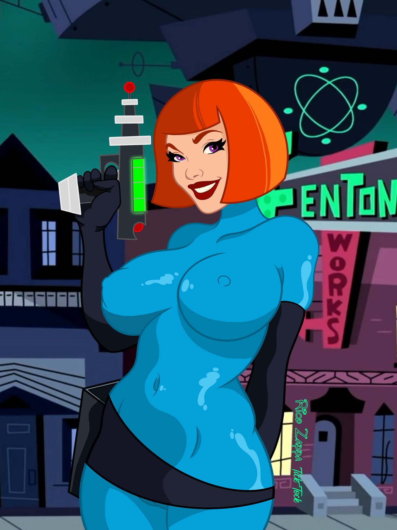 alternate_version_available artist_name artist_signature belt big_breasts breasts brown_hair color color_edit danny_phantom erect_nipples erect_nipples_under_clothes holster jumpsuit looking_at_viewer madeline_fenton milf outside purple_eyes ray_gun ricozappa ticktockcolouist weapon