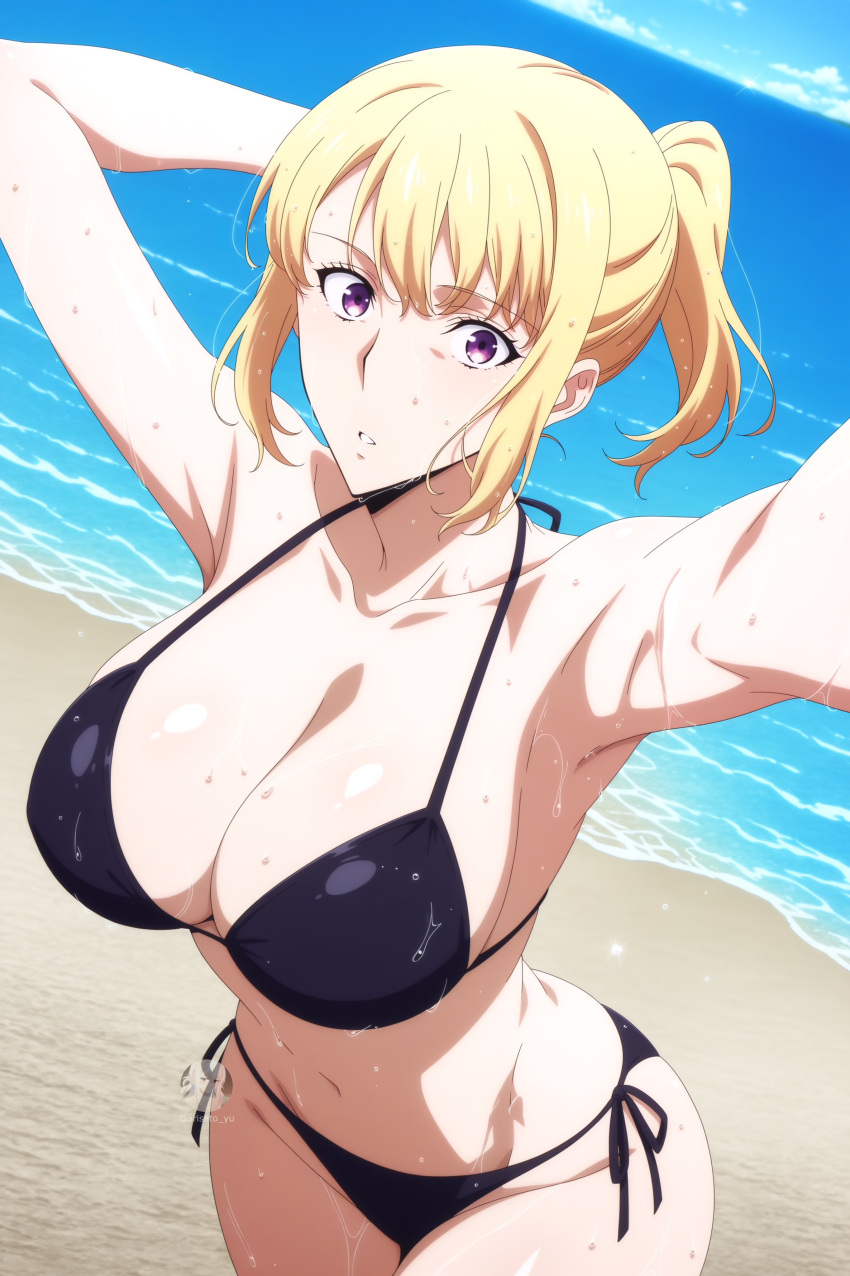 1girl arisato_yu beach big_breasts bikini blonde_hair bubble_butt cha_hae-in cha_hae_in cleavage horny inviting_to_sex looking_at_viewer pose purple_eyes solo_leveling standing swimsuit teasing thick_thighs