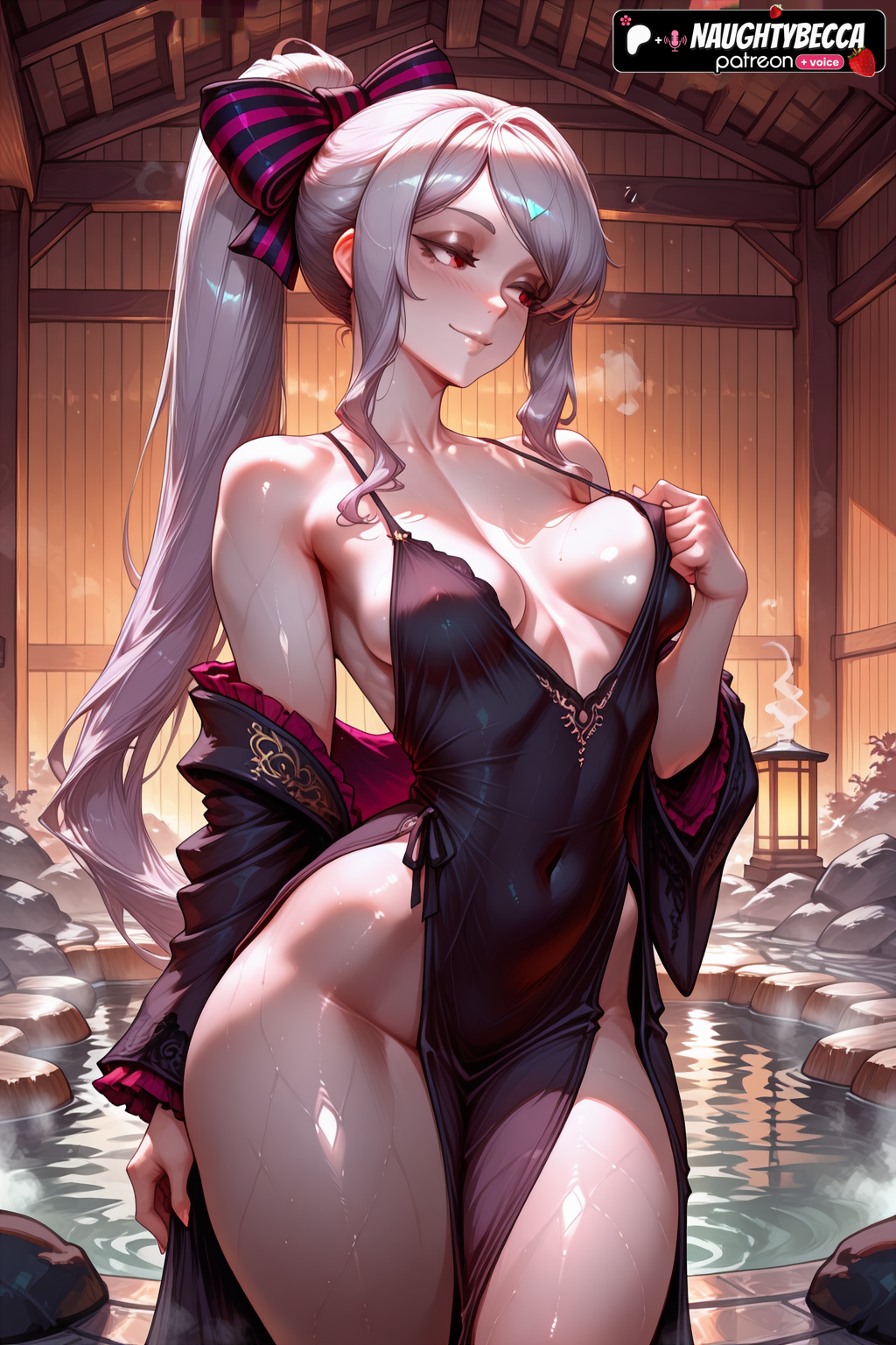 1girl 1girls 2025 ai_assisted ai_generated anime animeprds25 artist_name bare_hips bare_shoulders black_dress bow breasts covered_navel dress grey_hair hair_bow high_quality high_res high_res high_resolution long_hair no_panties off_shoulder onsen overlord overlord_(maruyama) patreon_logo patreon_username pelvic_curtain ponytail red_eyes shalltear_bloodfallen shiny_skin side_slit sidelocks smile stable_diffusion steam thick_thighs water watermark wet wide_hips