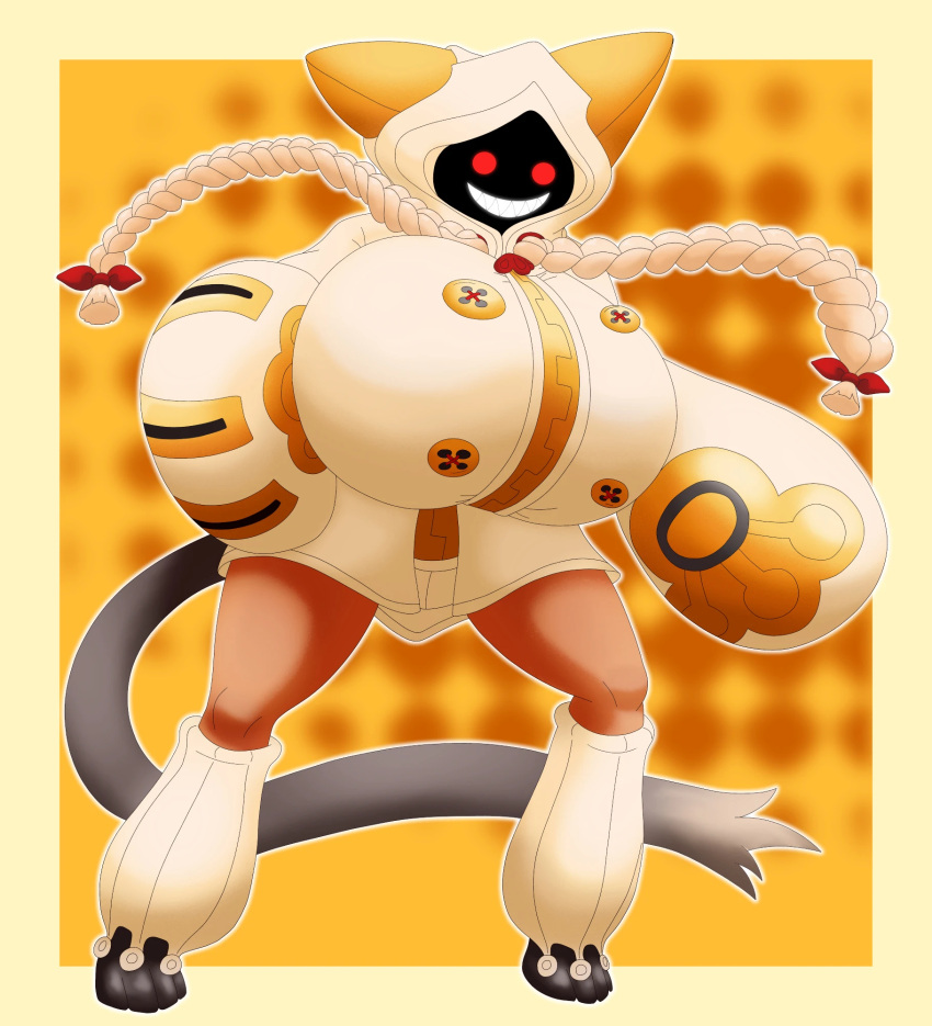1girl arc_system_works big_breasts blazblue breasts breasts_bigger_than_head cat cat_ears catgirl dark-skinned_female dark_skin fecharis hoodie hyper hyper_breasts kaka_(blazblue) mask masked masked_female missadelinecatgirl red_eyes sharp_teeth taokaka