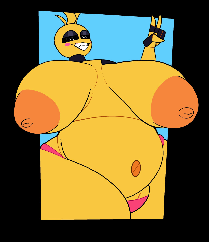 1girl 1girl animatronic animatronic_female beakless big_breasts chicken chicken_girl five_nights_at_freddy's five_nights_at_freddy's_2 fnaf inkyproduction phasianid robot robot_girl scottgames toy_chica_(fnaf) yellow yellow_skin