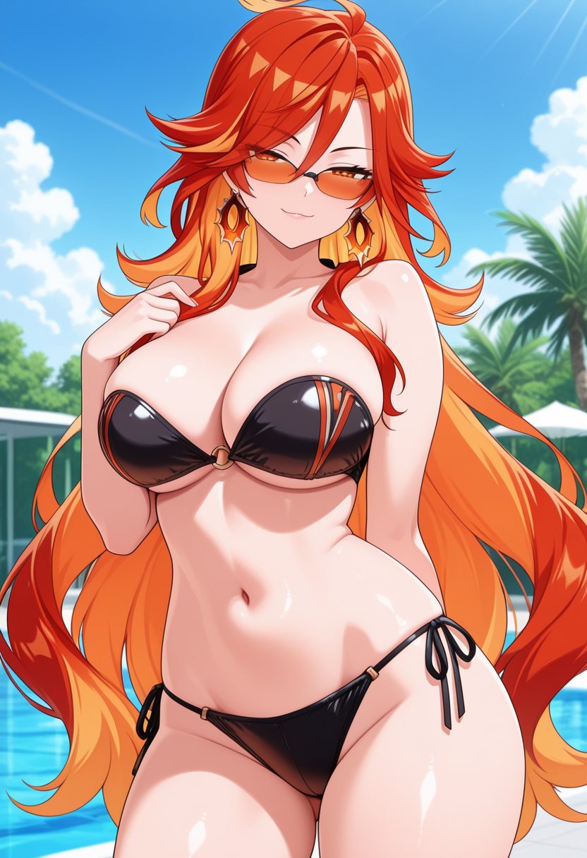 1girl ai_generated bare_shoulders big_breasts bikini black_bikini blush breasts cleavage earrings female_only genshin_impact hand_on_chest hand_on_own_chest long_hair mavuika_(genshin_impact) orange_eyes orange_hair outdoor_pool outside pool poolside smile solo_female strapless_bikini sunglasses vegaforge