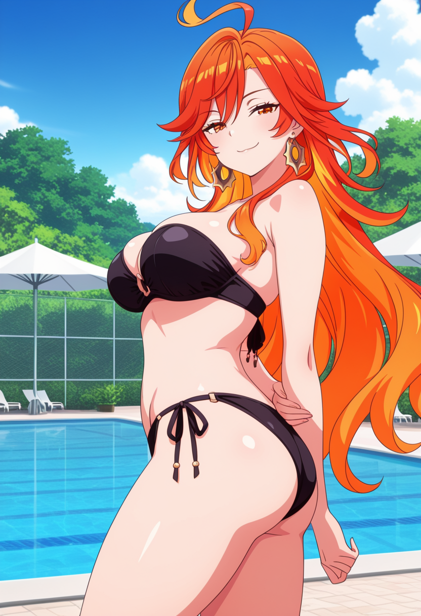 1girl ai_generated arms_behind_back bare_shoulders big_breasts bikini black_bikini blush breasts cleavage earrings female_only genshin_impact hand_on_arm hand_on_own_arm long_hair mavuika_(genshin_impact) orange_eyes orange_hair outdoor_pool outside pool poolside smile solo_female strapless_bikini vegaforge