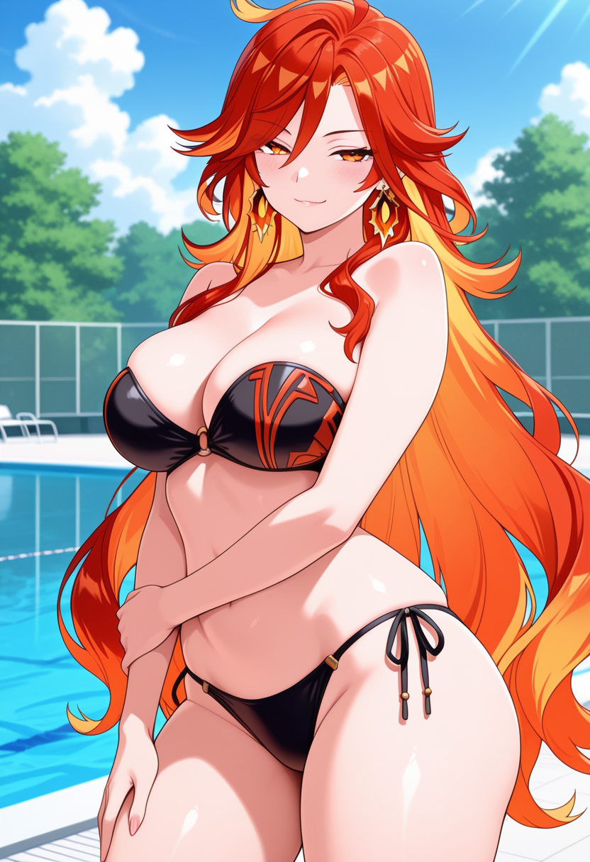 1girl ai_generated bare_shoulders big_breasts bikini black_bikini blush breasts cleavage earrings female_only genshin_impact hand_on_arm hand_on_own_arm hand_on_own_thigh hand_on_thigh long_hair mavuika_(genshin_impact) orange_eyes orange_hair outdoor_pool outside pool poolside smile solo_female strapless_bikini vegaforge