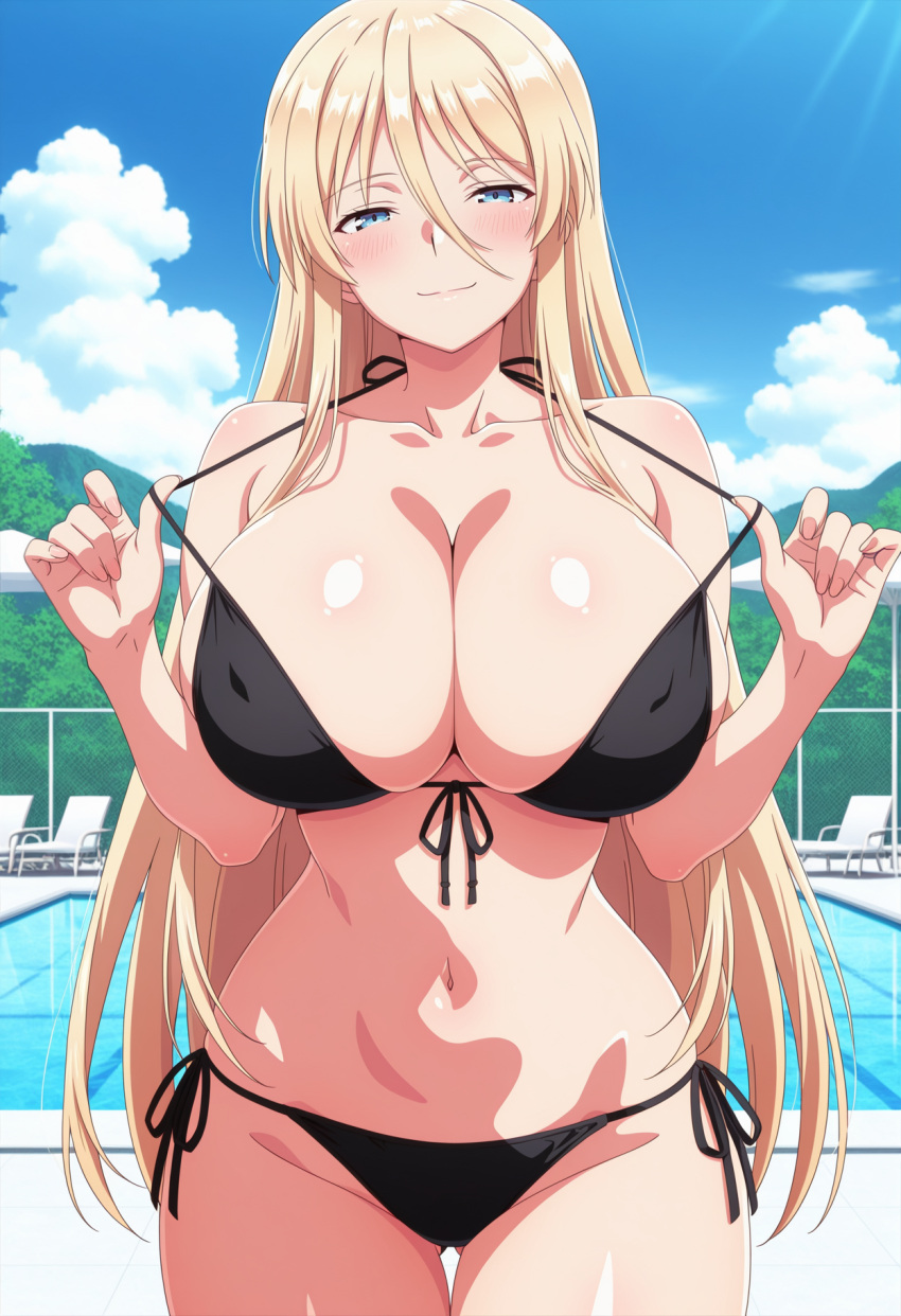 1girl ai_generated azur_lane big_breasts bikini bismarck_(azur_lane) black_bikini blonde_hair blue_eyes blush breasts cleavage female_only long_hair outdoor_pool outside pool poolside pulling_bikini_string smile solo_female vegaforge