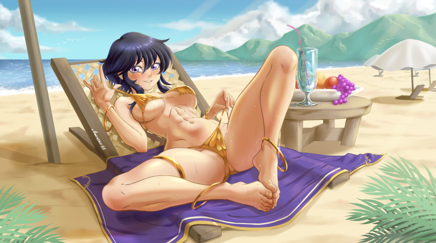 1girl 1girl absurd_res alluring anander0 anklet apple ass athletic_female bare_arms bare_legs barefoot beach beach_towel beach_umbrella bikini bikini_pull black_hair blue_sky blush bracelet breasts_apart cameltoe clothes_pull cloud commission commissioner_upload covered_erect_nipples cup day drink drinking_straw feet female_abs fire_emblem fire_emblem:_genealogy_of_the_holy_war fit_female food fruit gold_bikini golden_week grapes high_res horizon ice ice_cube intelligent_systems jewelry larcei_(fire_emblem) legs looking_at_viewer lying medium_breasts mountain navel nintendo ocean on_back outside purple_eyes sand shiny_swimsuit short_hair sideboob sidelocks sky smile spread_legs stomach strap_lift string_bikini sweat swimsuit teasing thighlet thighs tomboy toned toned_female towel tray umbrella under_boob water wet