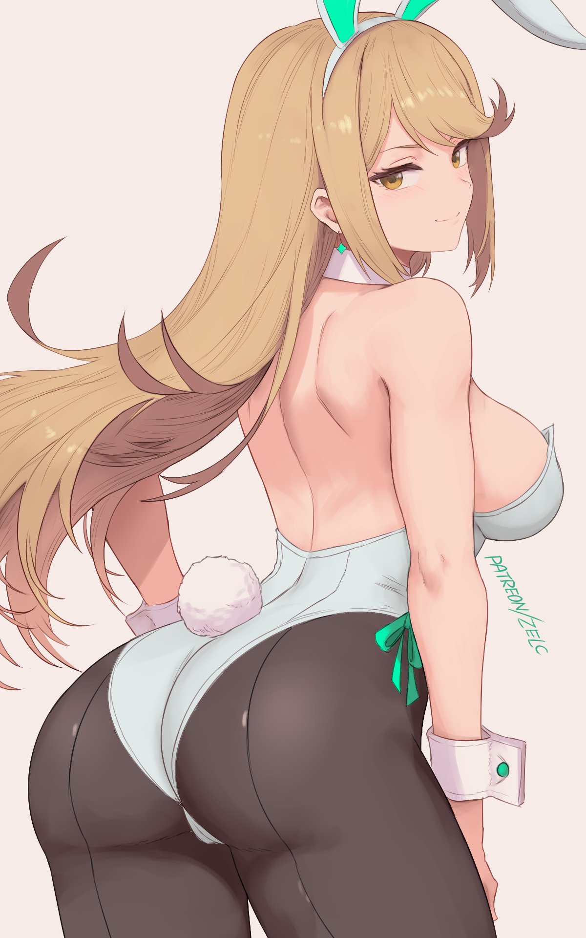 1girl 1girl alluring alternate_costume animal_ears ass bare_back bare_shoulders big_breasts black_pantyhose blonde_hair blush closed_mouth commentary earrings english_commentary fake_animal_ears fake_tail from_behind grey_background high_res jewelry leotard long_hair looking_at_viewer mythra_(xenoblade) pantyhose patreon_username rabbit_ears rabbit_tail sideboob simple_background smile standing tail white_leotard xenoblade_(series) xenoblade_chronicles_2 yellow_eyes zelc-face