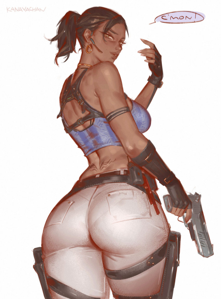 1girl 1girls ass back back_view big_ass biohazard brown-haired_female brown_hair brunette brunette-haired_female capcom clothed dat_ass fingerless_gloves gloves gun handgun holding_weapon kanavachan resident_evil resident_evil_5 sheva_alomar twitter weapon
