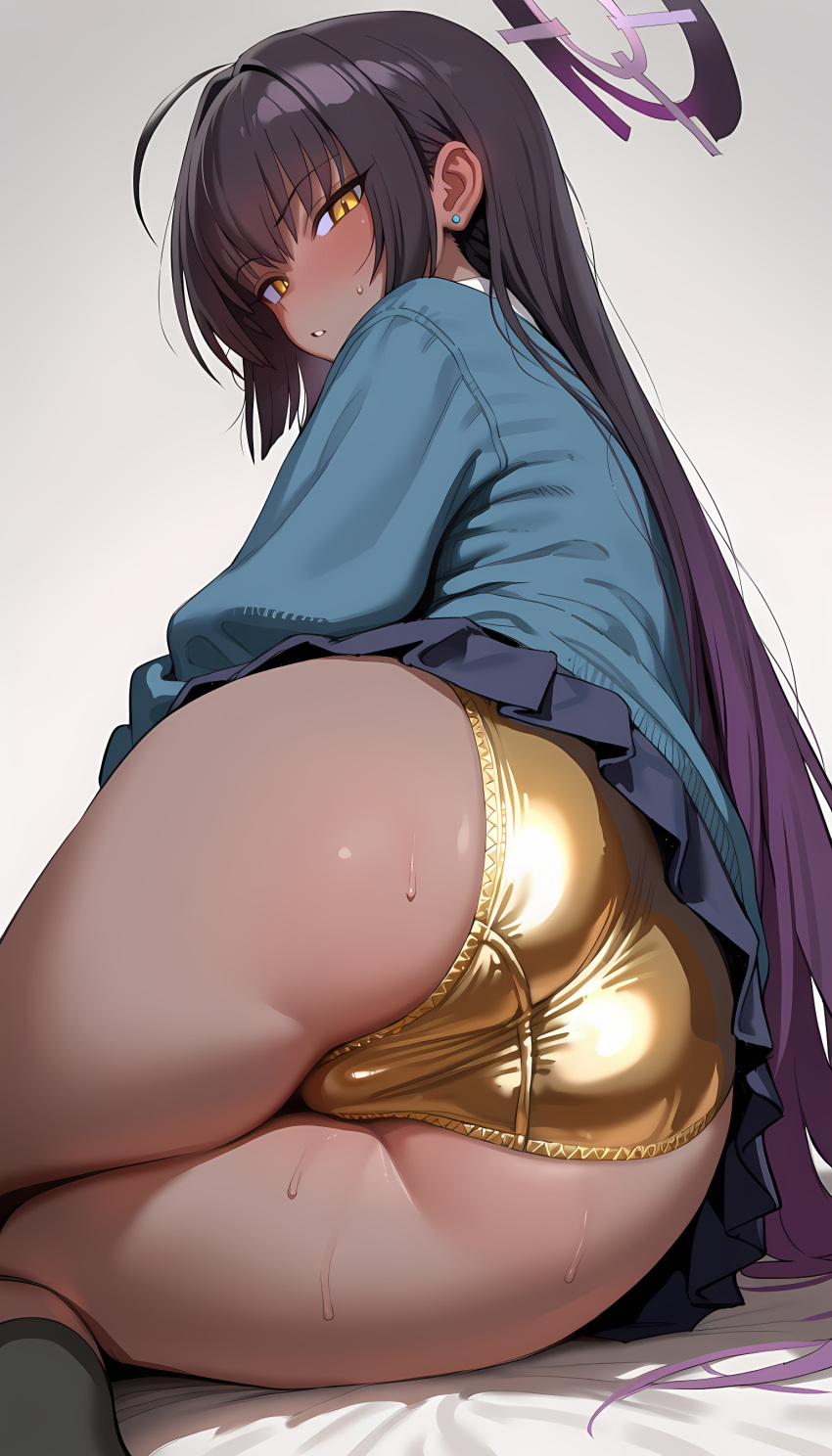 1girl ai_generated ass black_hair blue_archive blush dark-skinned_female dark_skin embarrassed gigantic_ass golden_bikini golden_week halo huge_ass karin_(blue_archive) karin_(school_uniform)_(blue_archive) long_hair looking_at_viewer nikumist panties presenting presenting_panties satin satin_panties sweat sweatdrop sweating yellow_eyes