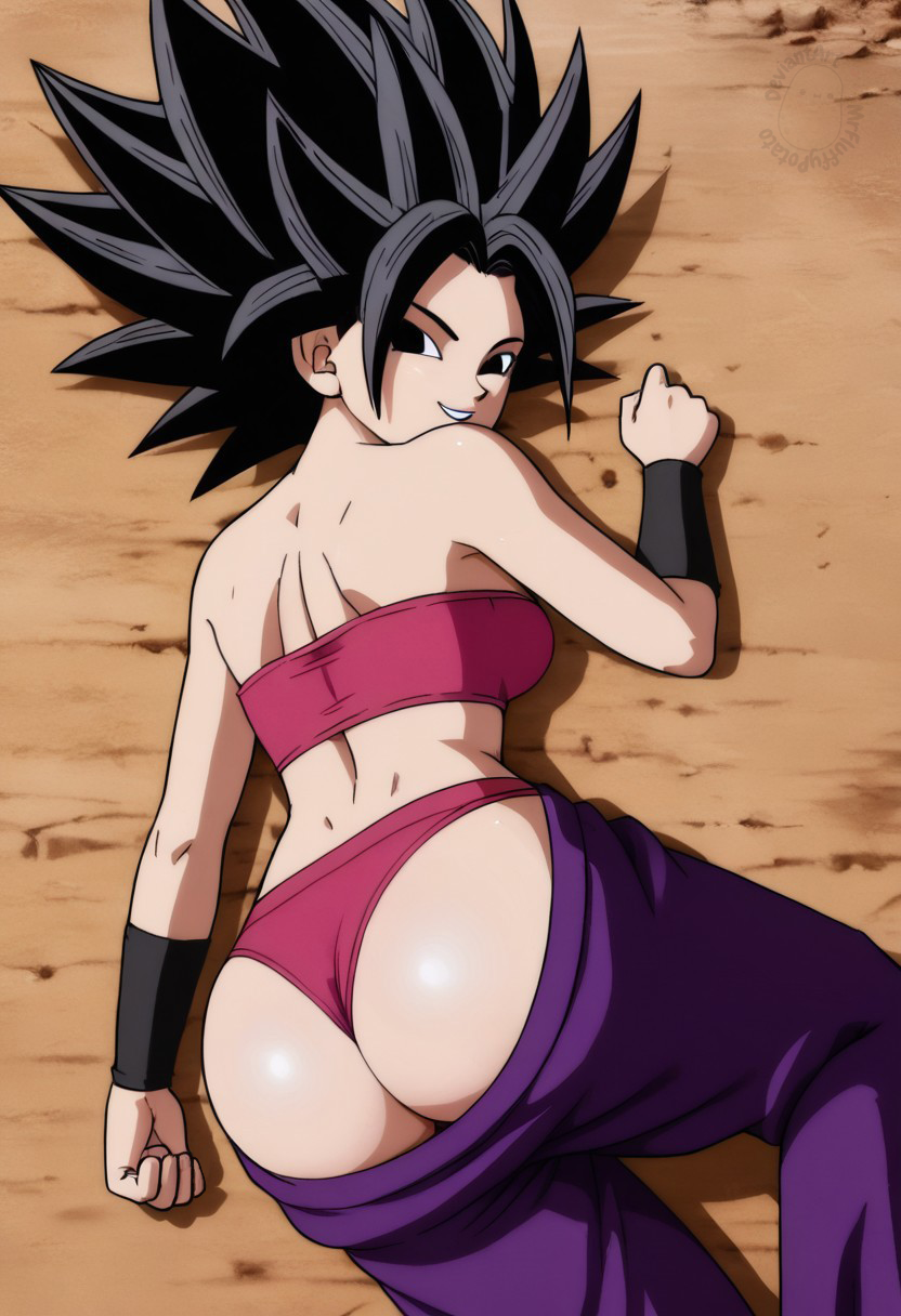 1girl arm_at_side ass bangs bare_arms bare_ass bare_shoulders big_ass black_eyes black_hair breasts caulifla cleavage clenched_hands dragon_ball dragon_ball_super female_only female_solo from_above from_behind grin hair_up hand_up legs long_hair looking_at_viewer looking_back looking_up lying lying_on_ground lying_on_stomach medium_breasts midriff mrfluffypotato naughty_face neck on_ground on_stomach panties pants pants_down parted_bangs parted_lips pink_panties pink_tubetop pink_underwear purple_pants saiyan saiyan_girl small_breasts smile spiky_hair strapless thighs toei_animation tubetop underwear