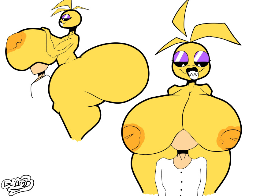 1boy 1girl 1girls animatronic animatronic_female artist_signature ass_bigger_than_head beakless big_ass big_breasts black_lipstick boobs_on_face boobs_on_head breasts breasts_bigger_than_head breasts_out chicken chicken_girl five_nights_at_freddy's five_nights_at_freddy's_2 fnaf g_l4mb human hyper hyper_ass hyper_breasts phasianid robot robot_girl scottgames straight toy_chica_(fnaf) yellow yellow_skin