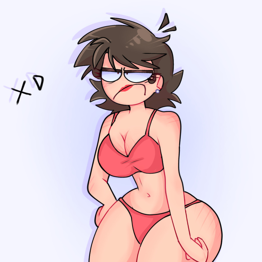 1girl 1girl 1girl ahoge annoyed bethlehem_mcqueen big_breasts big_thighs blaehine bra brown_hair curvy hand_on_hip lipstick makeup mature_female milf mom mommy navel only_female original original_character panties semi_nude short_hair solo_female standing wide_hips