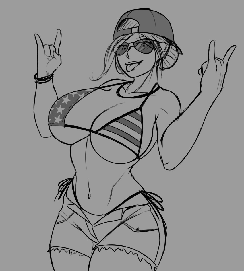 1girl 1girl 1girls american_flag american_flag_bikini aviator_sunglasses background_character backwards_baseball_cap backwards_cap baseball_cap belly_button big_breasts big_breasts bikini bikini_top bottomwear bra bracelet breasts cap cutoff_shorts cutoffs denim_shorts devil_horns_(gesture) escriba grand_theft_auto grand_theft_auto_vi greyscale gta_pedestrians hair_up jean_shorts light-skinned_female light_skin looking_at_viewer mud_girl_(gta_vi) necklace no_background npc pedestrians redneck redneck_girl rockstar_games short_hair shorts simple_background standing standing_up sunglasses thong tinted_eyewear tongue tongue_out unnamed_character usa_bikini video_game_character video_game_franchise video_games voluptuous voluptuous_female wide_hips