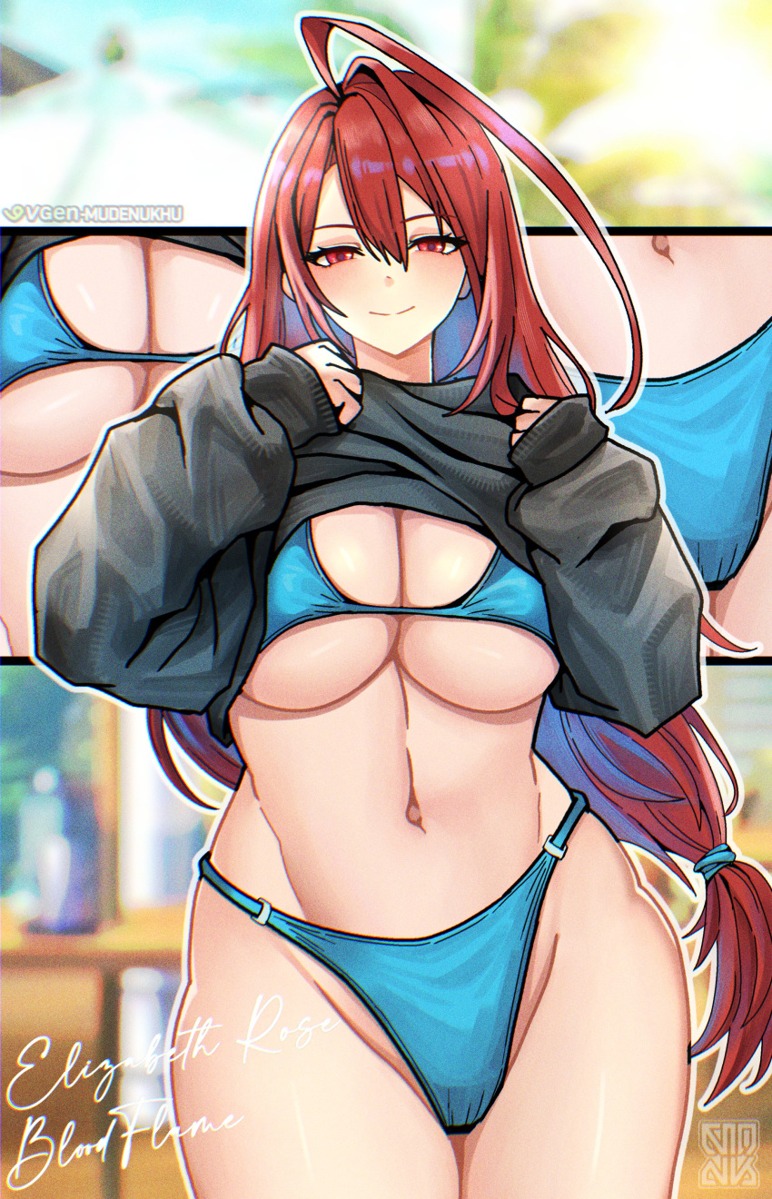 1girl 1girl absurd_res ahoge big_breasts blue_hair blush breasts clothes_lift colored_inner_hair commentary elizabeth_rose_bloodflame fire high_res hololive hololive_english huge_ahoge long_hair looking_at_viewer muhammaddeny multicolored_hair open_mouth red_eyes red_hair smile sweater two-tone_hair very_long_hair virtual_youtuber
