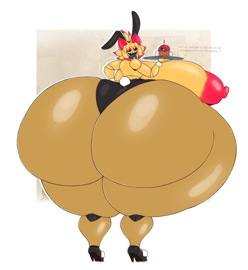 1girl 1girl alijuune animatronic animatronic_female beakless big_ass big_breasts breasts breasts_bigger_than_head breasts_out chicken chicken_girl cupcake_(fnaf) dialogue five_nights_at_freddy's five_nights_at_freddy's_2 fnaf hyper hyper_ass hyper_breasts nipple_piercing oc phasianid robot robot_girl scottgames toy_chica_(fnaf) yellow yellow_skin