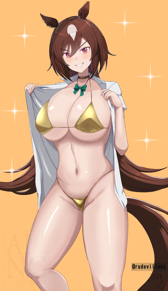 1girl 1girl alternate_costume animal_ears artist_name big_breasts bikini bow breasts brown_choker brown_hair choker cleavage commentary_request cowboy_shot ear_ornament gold_bikini green_bow grin hair_between_eyes horse_ears horse_girl horse_tail long_hair multicolored_hair navel open_clothes open_shirt orange_background red_eyes rudo_villano sirius_symboli_(umamusume) smile sparkle stomach streaked_hair swimsuit tail teeth thighs umamusume very_long_hair white_hair