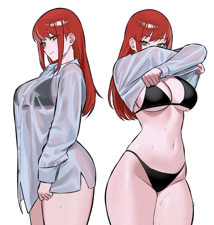 1girl 1girl alternate_costume big_breasts bikini black_bikini breasts chainsaw_man closed_mouth collared_shirt high_res long_hair looking_at_viewer makima_(chainsaw_man) navel red_hair ringed_eyes see-through_clothes see-through_shirt shirt simple_background smile swimsuit thighs wet wet_clothes wet_shirt white_background white_shirt yellow_eyes zeon_(zzeeonn)