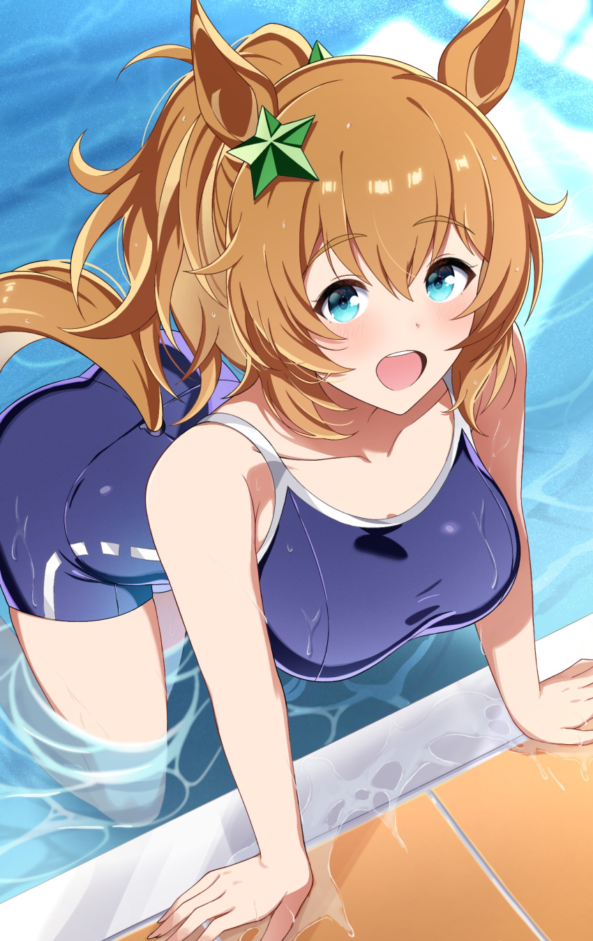 1girl 1girl animal_ears bare_arms big_breasts blonde_hair blue_eyes blue_one-piece_swimsuit blush breasts commentary_request hair_ornament high_res horse_ears horse_girl horse_tail leaning_forward long_hair looking_at_viewer mixed-language_commentary one-piece_swimsuit open_mouth ponytail poolside school_swimsuit smile star_(symbol) star_hair_ornament swimsuit taiki_shuttle_(umamusume) tail teeth thighs tracen_swimsuit umamusume upper_teeth_only wading water wet wet_clothes wet_swimsuit y_k_(user_maxh5525)