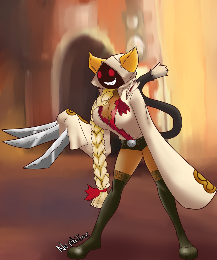 1girl 1girls arc_system_works big_breasts big_breasts blazblue busty_female cat_ears catgirl dark-skinned_female dark_skin fecharis feline hoodie kaka_(blazblue) mask masked masked_female nephiliac red_eyes redesign sharp_teeth taokaka