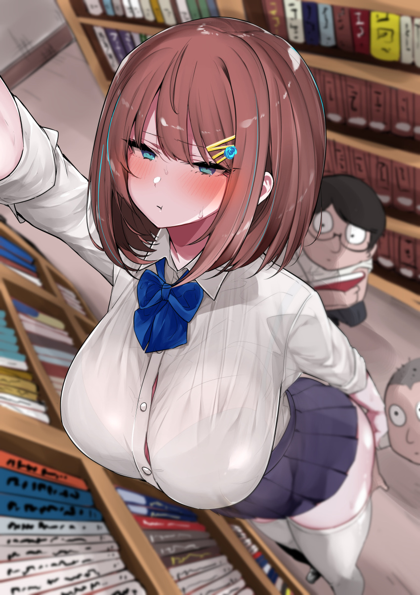 1girl 2boys absurd_res arm_behind_back big_breasts blurry blush bookshelf bra_visible_through_clothes breasts brown_hair clip_studio_paint_(medium) depth_of_field foreshortening from_above green_eyes hair_ornament hairclip high_res library mitsudoue multiple_boys original pleated_skirt see-through_clothes short_hair skirt solo_focus stockings white_thighhighs
