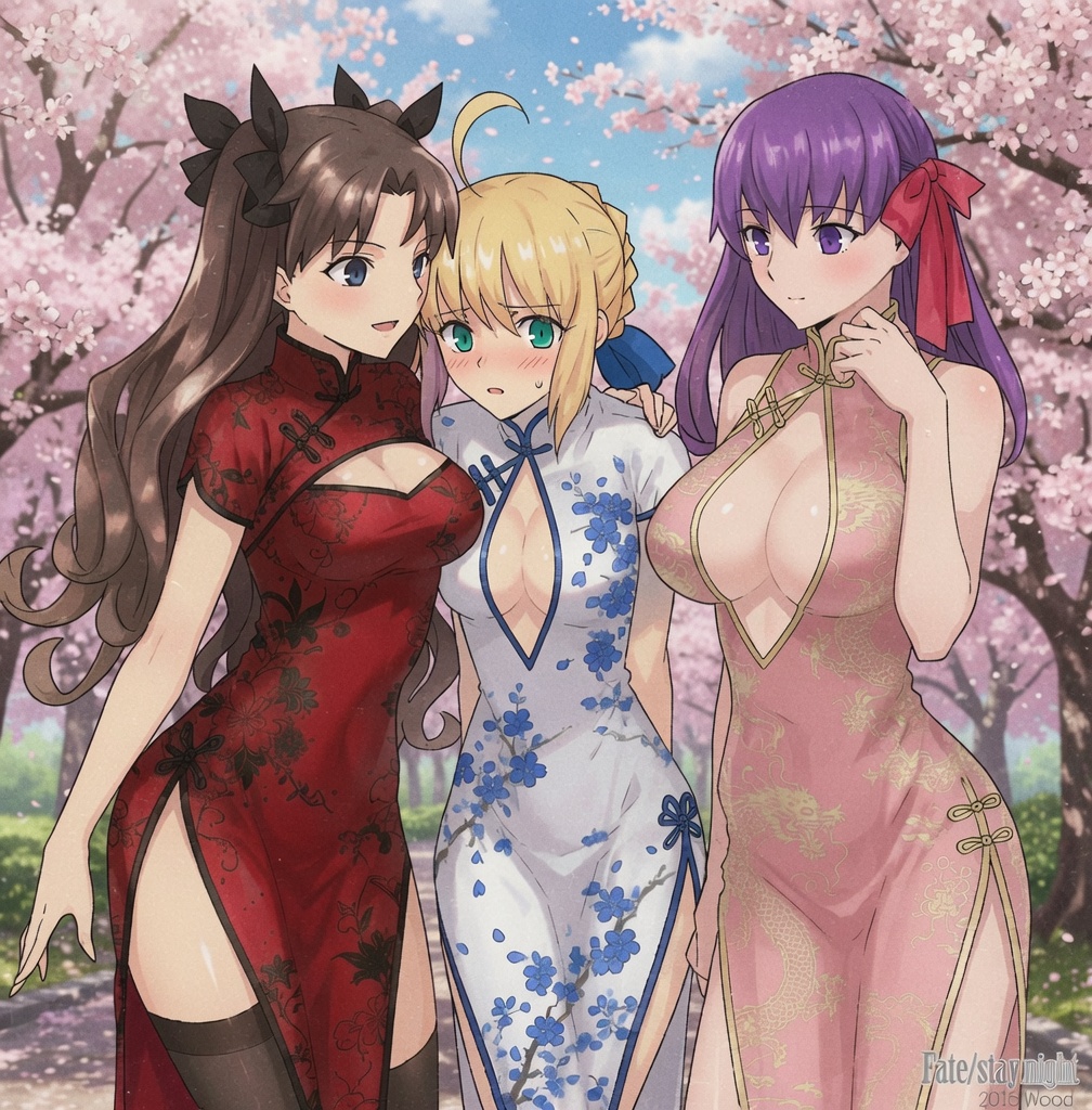 1girl 3_girls ai_generated artoria_pendragon artoria_pendragon_(fate) artoria_pendragon_(saber) ass big_breasts blonde_hair breasts brown_hair cherry_blossoms chinese_dress fate/stay_night fate_(series) female_only matou_sakura outside purple_hair qipao rin_tohsaka saber_(fate) sakura_matou tohsaka_rin tree trees type-moon