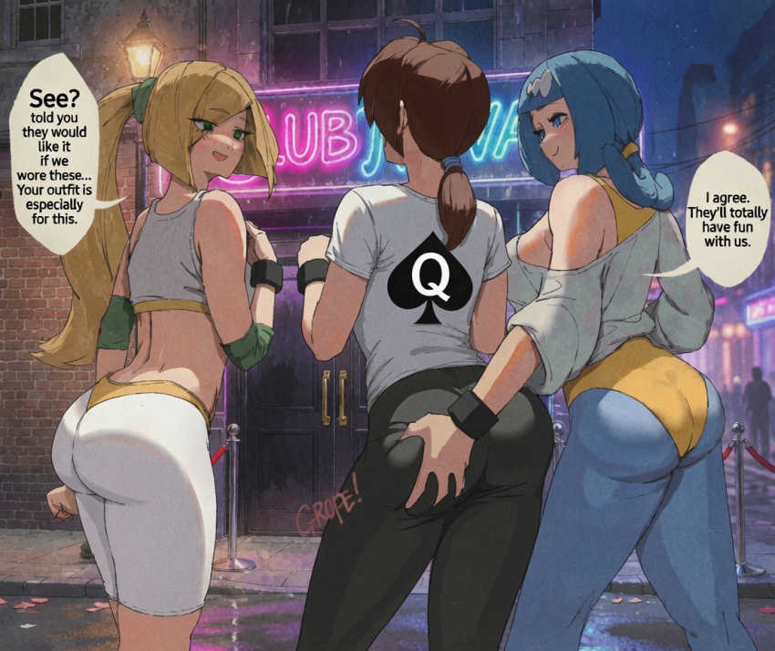 1girl 3_girls ai_generated ass ass_grab big_ass big_breasts blonde_hair blue_hair breasts brown_hair cheating cheating_wife delia_ketchum female_only fully_clothed fully_clothed_female lana's_mother lana's_mother_(pokemon) lusamine lusamine_(pokemon) married_woman mature_female mature_woman milf netorare night night_sky nightclub nintendo ntr outside pokemon pokemon_(anime) pokemon_(classic_anime) pokemon_(game) pokemon_(original_anime) pokemon_sm pokemon_the_series:_sun_&_moon pokemon_usum queen_of_spades queen_of_spades_symbol snowbunny wjs07