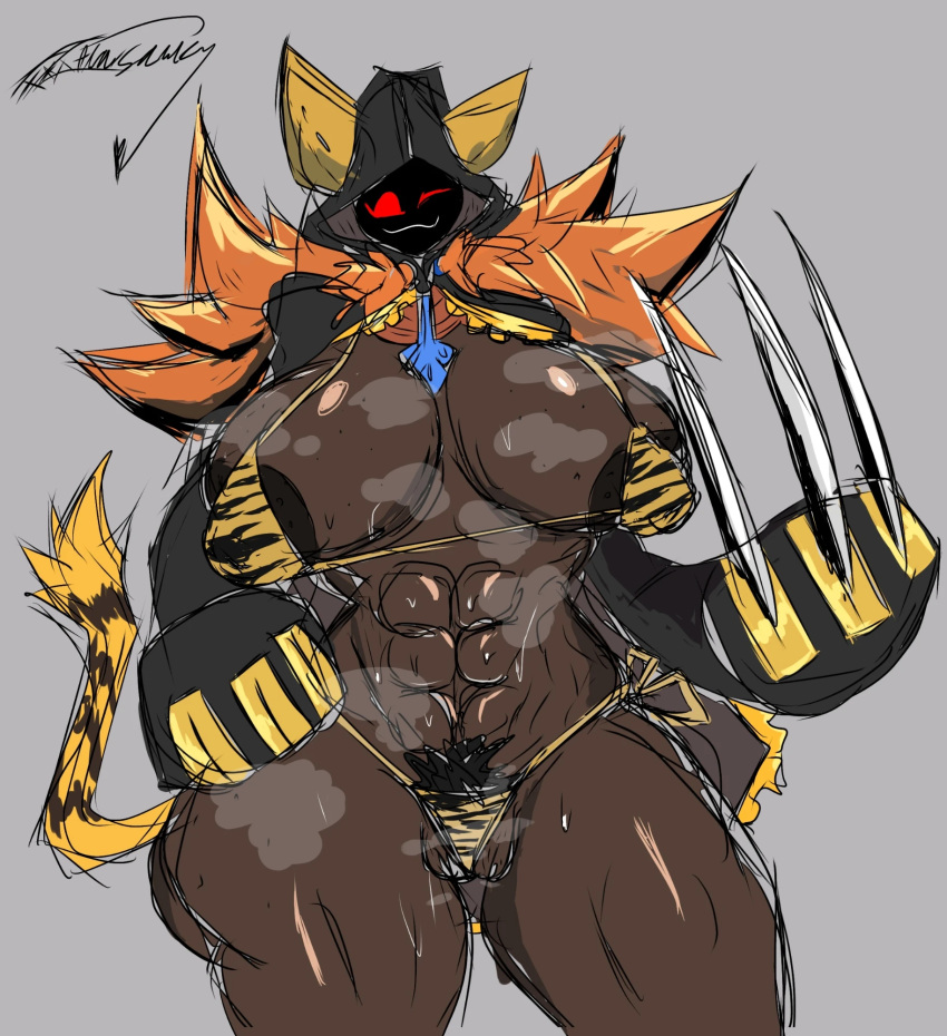 1girl abs arc_system_works big_breasts blazblue breasts breasts_bigger_than_head breasts_out buff_female cat_ears catgirl dark-skinned_female dark_skin fecharis feline hoodie kaka_(blazblue) mask masked masked_female muscular muscular_female pubic_hair pussy_hair red_eyes sharp_teeth sweaty torakaka wink xxxtrasaucy