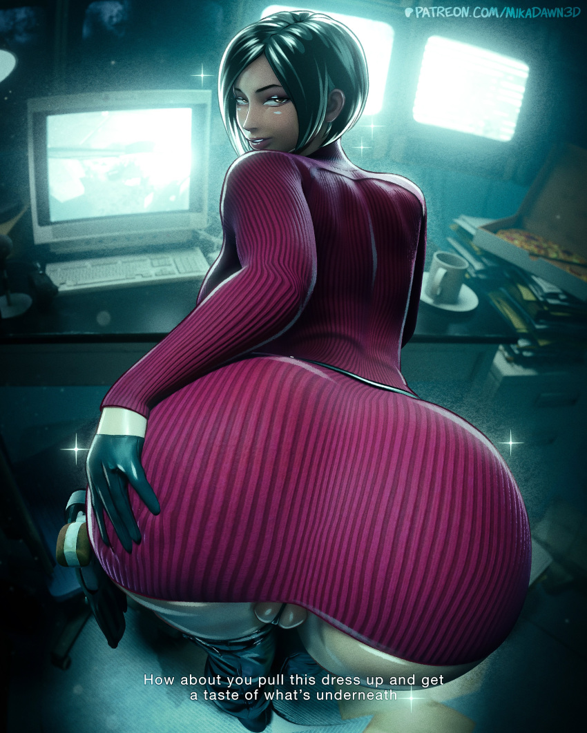 1girl ada_wong ass_grab bent_over big_breasts black_hair brown_eyes bubble_butt cleavage doggy_position horny inviting_to_sex looking_at_viewer mikadawn pose resident_evil standing stockings teasing thick_thighs