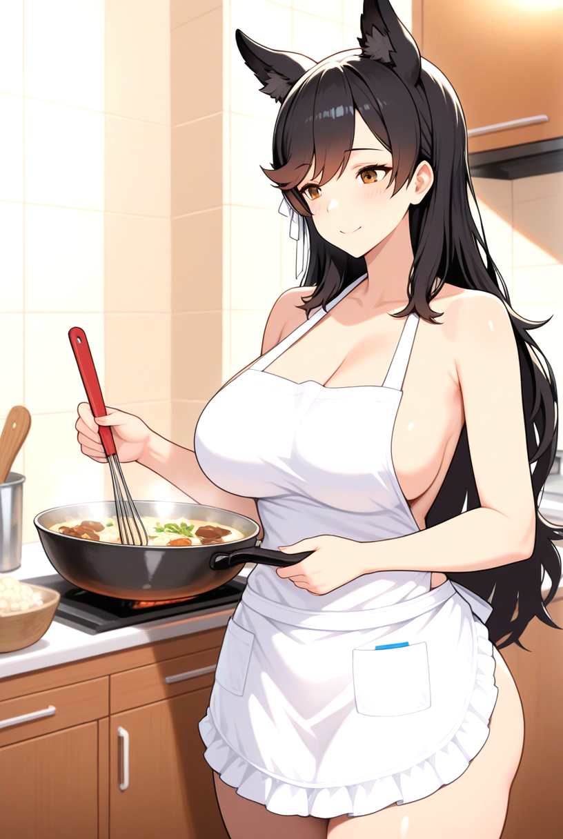1girl ai_generated apron apron_only atago_(azur_lane) azur_lane big_breasts black_hair blush breasts brown_eyes cleavage cooking dog_ears dog_girl female_only kitchen long_hair naked_apron naked_female nude nude nude_female ship_girl sideboob smile solo_female